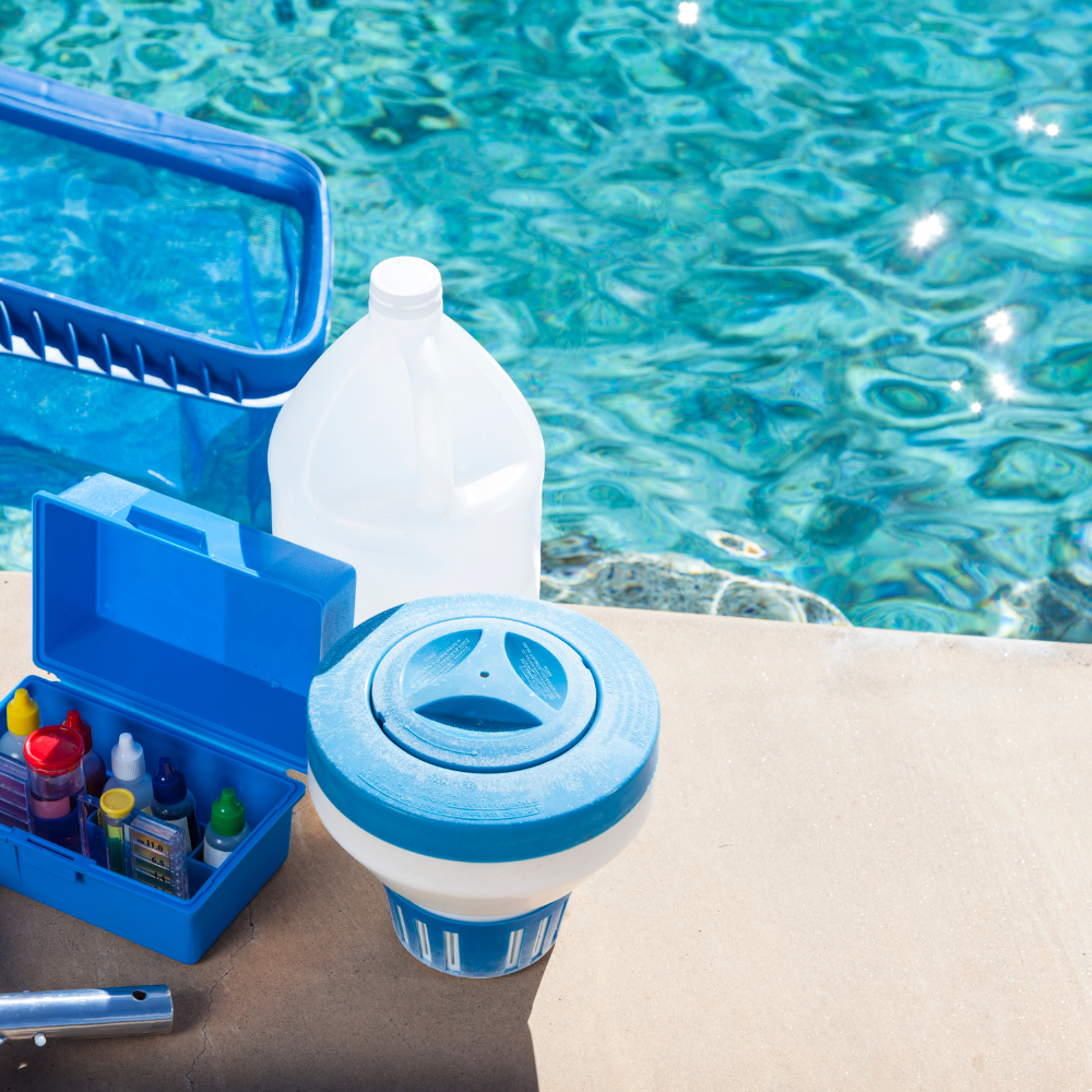 Pool technician inspecting filtration system and water chemistry with professional testing tools