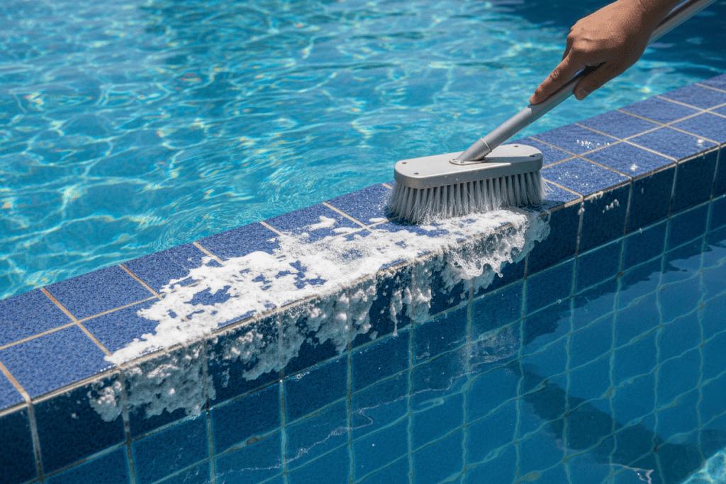 calcium removal, Pool Cleaning Service in Elk Grove - CA technician brushing pool walls beside a backyard patio